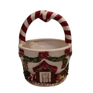 Christmas Cottage 7"x6" Ceramic Basket Serve Bowl Planter Candy Cane Handle Vtg